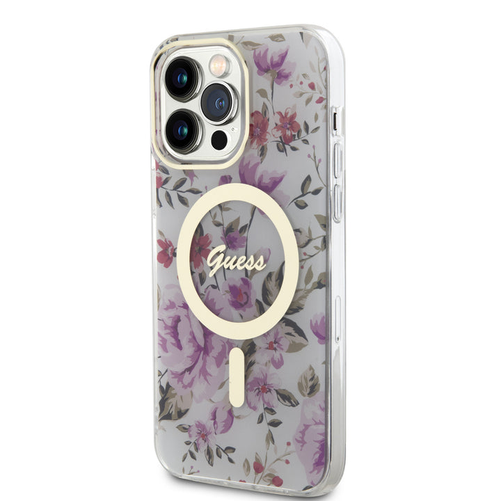 Guess iPhone 15 Pro Backcover hoesje - Magsafe - Flower Pattern - Transparant-Hoesjes-Ilumina Benelux