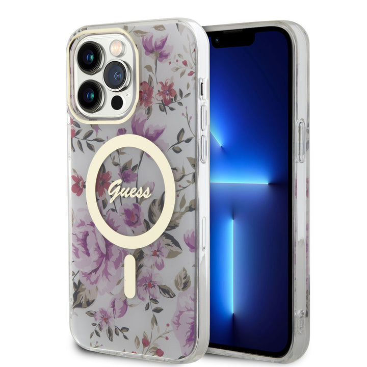 Guess iPhone 15 Pro Backcover hoesje - Magsafe - Flower Pattern - Transparant-Hoesjes-Ilumina Benelux
