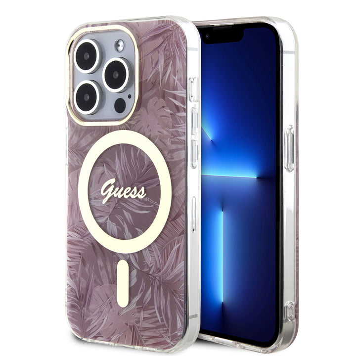 Guess iPhone 15 Pro Backcover hoesje - Magsafe - Jungle Pattern - Roze-Hoesjes-Ilumina Benelux
