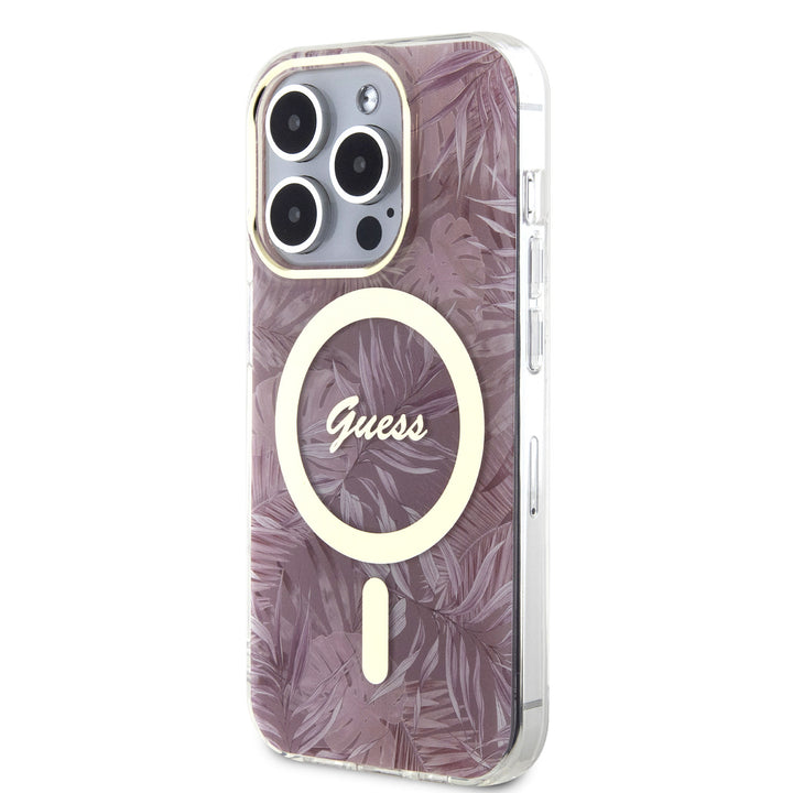Guess iPhone 15 Pro Backcover hoesje - Magsafe - Jungle Pattern - Roze-Hoesjes-Ilumina Benelux