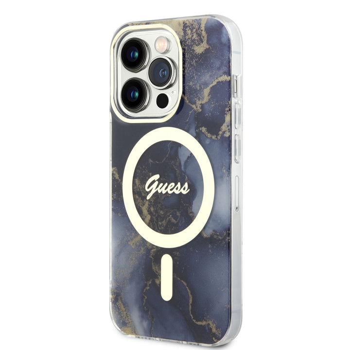 Guess iPhone 15 Pro Backcover hoesje - Magsafe - Marble Pattern - Blauw-Hoesjes-Ilumina Benelux