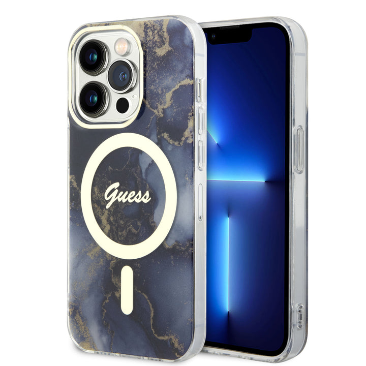 Guess iPhone 15 Pro Backcover hoesje - Magsafe - Marble Pattern - Blauw-Hoesjes-Ilumina Benelux