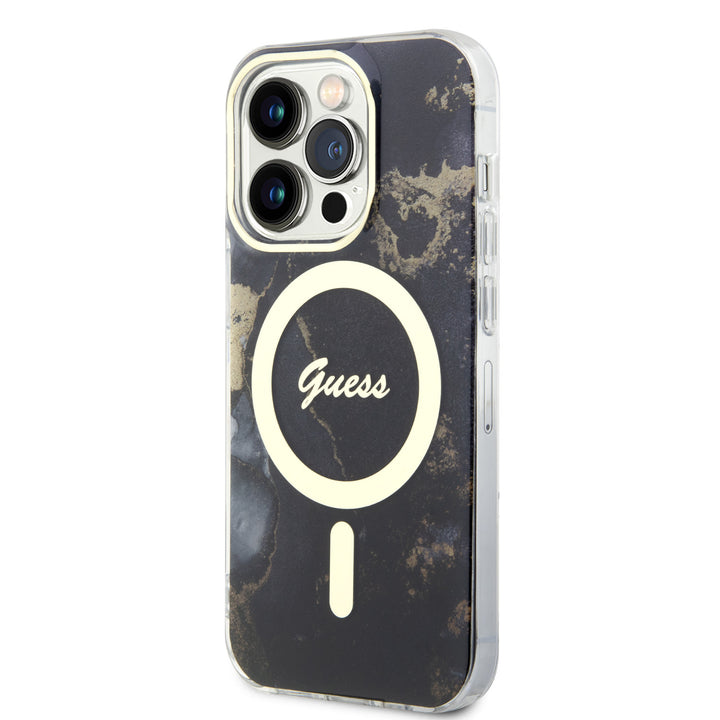 Guess iPhone 15 Pro Backcover hoesje - Magsafe - Marble Pattern - Zwart-Hoesjes-Ilumina Benelux