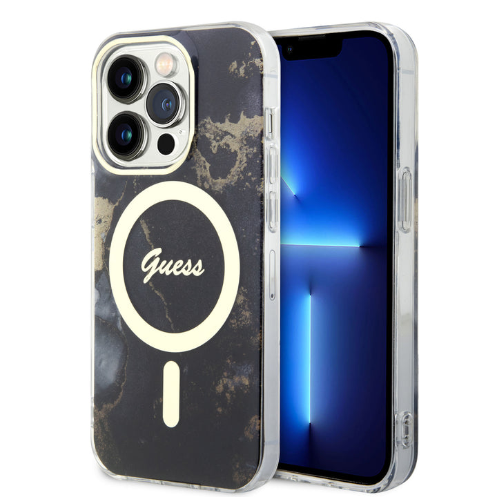 Guess iPhone 15 Pro Backcover hoesje - Magsafe - Marble Pattern - Zwart-Hoesjes-Ilumina Benelux