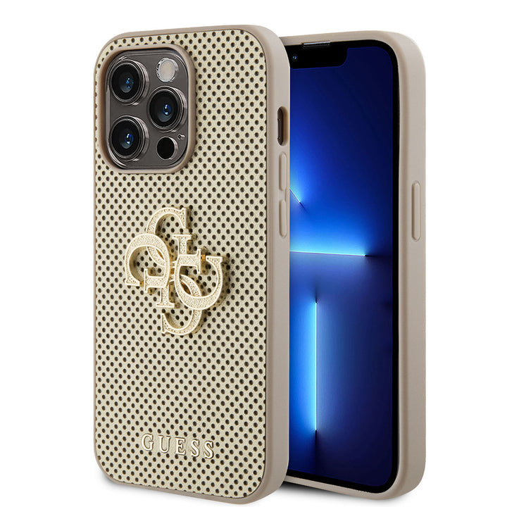 Guess iPhone 15 Pro Backcover hoesje Perforated 4G - glitter - Goud-Hoesjes-Ilumina Benelux