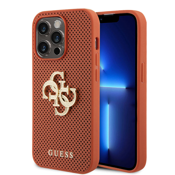 Guess iPhone 15 Pro Backcover hoesje Perforated 4G - glitter - Oranje-Hoesjes-Ilumina Benelux
