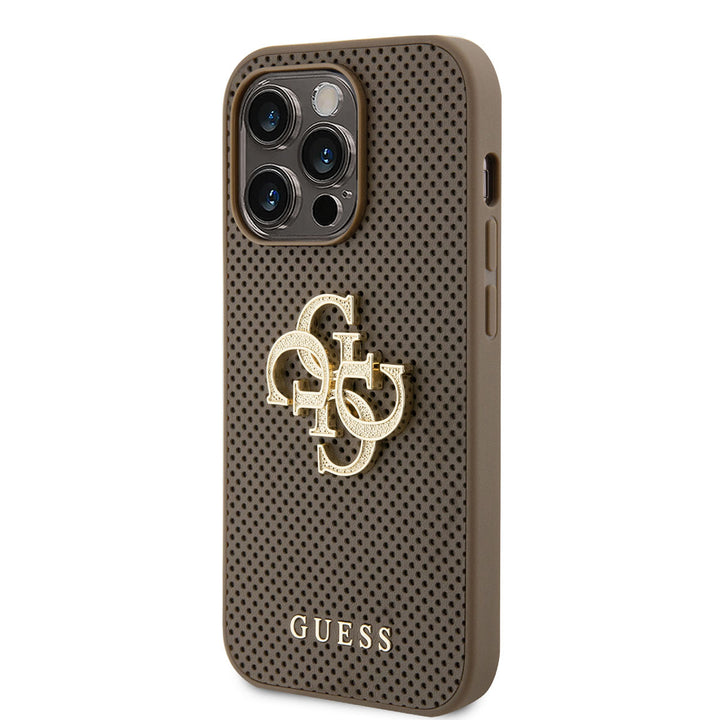 Guess iPhone 15 Pro Backcover hoesje Perforated 4G - glitter - Taupe-Hoesjes-Ilumina Benelux