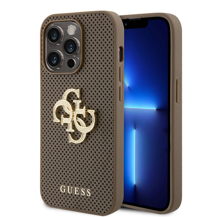 Guess iPhone 15 Pro Backcover hoesje Perforated 4G - glitter - Taupe-Hoesjes-Ilumina Benelux