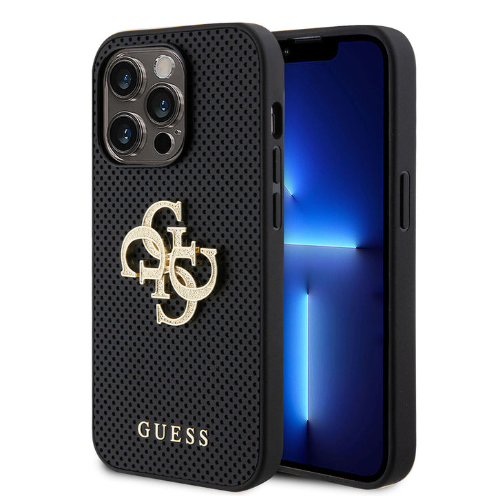 Guess iPhone 15 Pro Backcover hoesje Perforated 4G - glitter - Zwart-Hoesjes-Ilumina Benelux