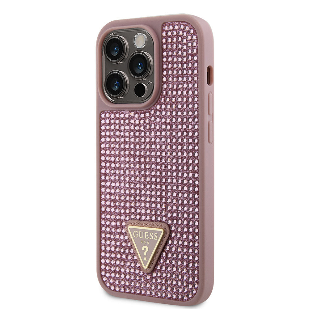 Guess iPhone 15 Pro Backcover hoesje Rhinestone triangle - Roze-Hoesjes-Ilumina Benelux