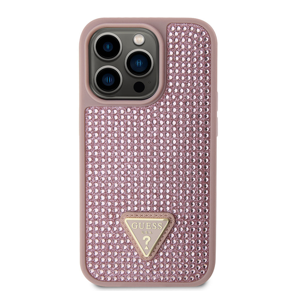 Guess iPhone 15 Pro Backcover hoesje Rhinestone triangle - Roze-Hoesjes-Ilumina Benelux