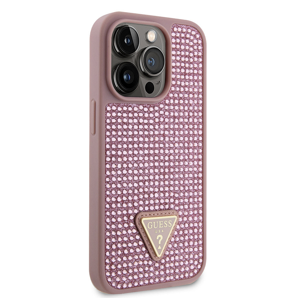 Guess iPhone 15 Pro Backcover hoesje Rhinestone triangle - Roze-Hoesjes-Ilumina Benelux