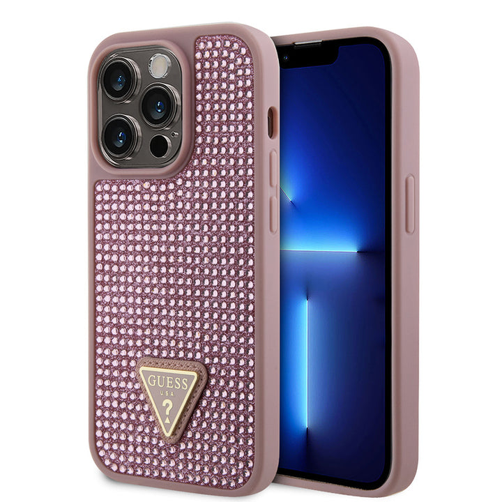 Guess iPhone 15 Pro Backcover hoesje Rhinestone triangle - Roze-Hoesjes-Ilumina Benelux