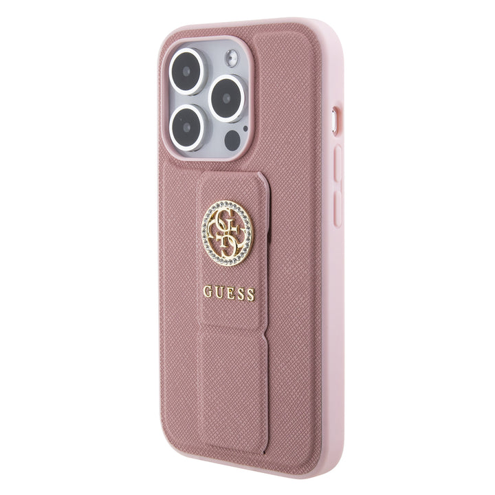 Guess iPhone 15 Pro Backcover hoesje - Saffiano Gripstand - 4G Strass Metal Logo - Roze-Hoesjes-Ilumina Benelux