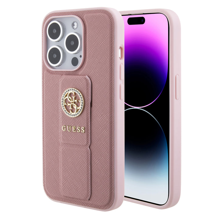 Guess iPhone 15 Pro Backcover hoesje - Saffiano Gripstand - 4G Strass Metal Logo - Roze-Hoesjes-Ilumina Benelux