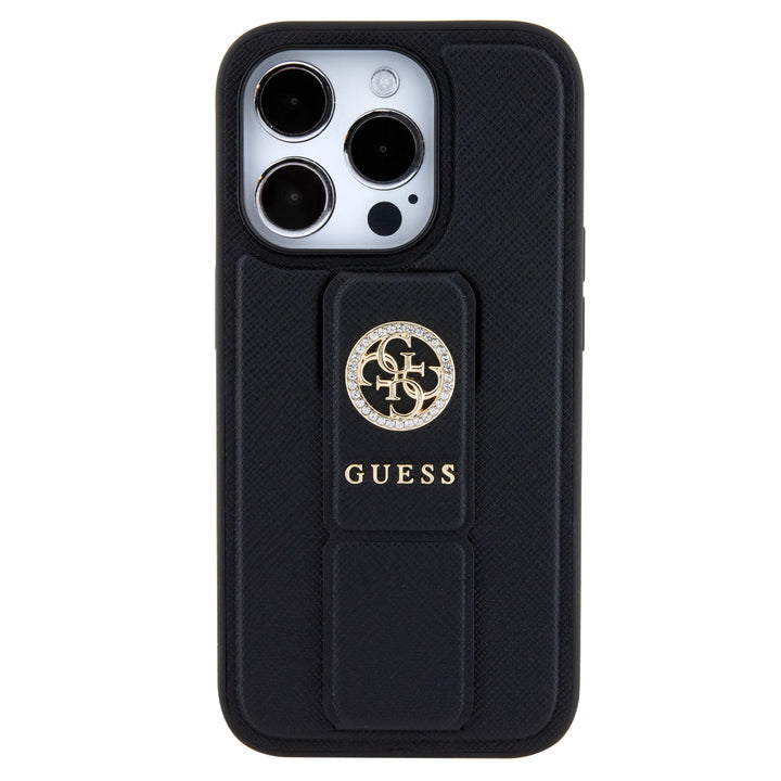 Guess iPhone 15 Pro Backcover hoesje - Saffiano Gripstand - 4G Strass Metal Logo - Zwart-Hoesjes-Ilumina Benelux