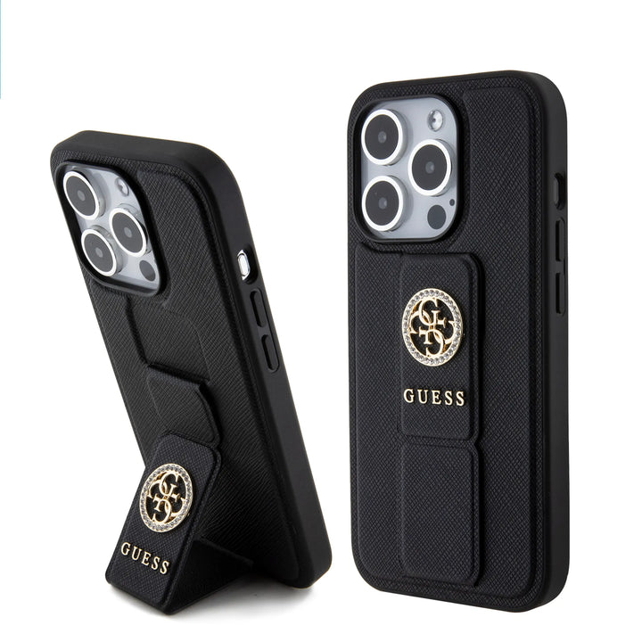 Guess iPhone 15 Pro Backcover hoesje - Saffiano Gripstand - 4G Strass Metal Logo - Zwart-Hoesjes-Ilumina Benelux