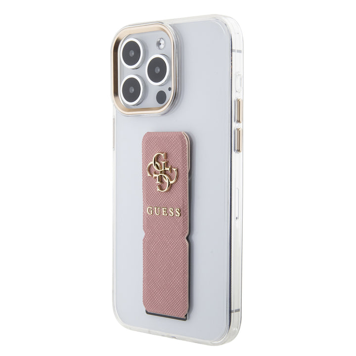 Guess iPhone 15 Pro Backcover hoesje - Saffiano Gripstand - Clear Case - 4G Metal Logo - Roze-Hoesjes-Ilumina Benelux