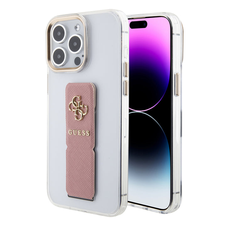 Guess iPhone 15 Pro Backcover hoesje - Saffiano Gripstand - Clear Case - 4G Metal Logo - Roze-Hoesjes-Ilumina Benelux