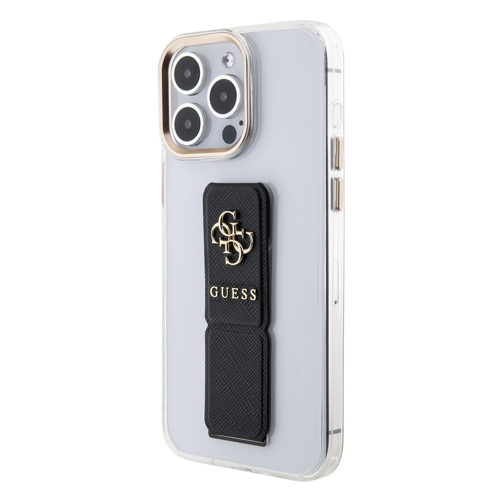 Guess iPhone 15 Pro Backcover hoesje - Saffiano Gripstand - Clear Case - 4G Metal Logo - Zwart-Hoesjes-Ilumina Benelux