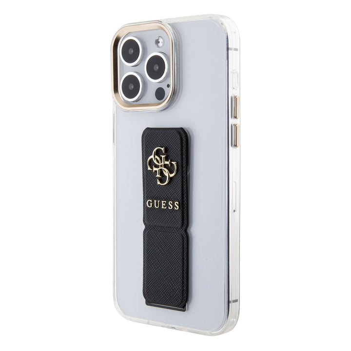 Guess iPhone 15 Pro Backcover hoesje - Saffiano Gripstand - Clear Case - 4G Metal Logo - Zwart-Hoesjes-Ilumina Benelux