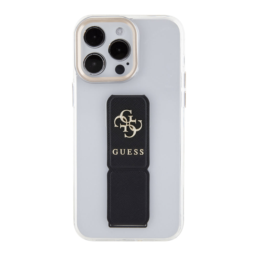 Guess iPhone 15 Pro Backcover hoesje - Saffiano Gripstand - Clear Case - 4G Metal Logo - Zwart-Hoesjes-Ilumina Benelux