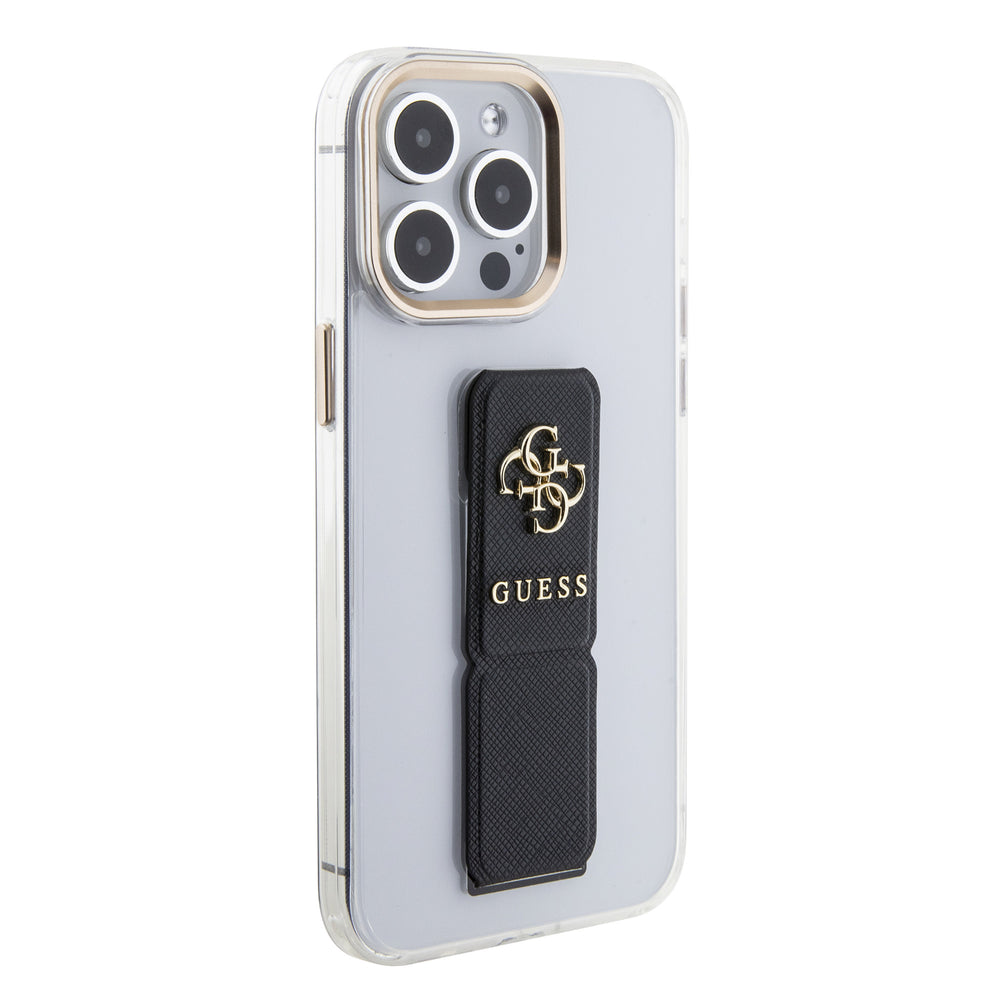 Guess iPhone 15 Pro Backcover hoesje - Saffiano Gripstand - Clear Case - 4G Metal Logo - Zwart-Hoesjes-Ilumina Benelux