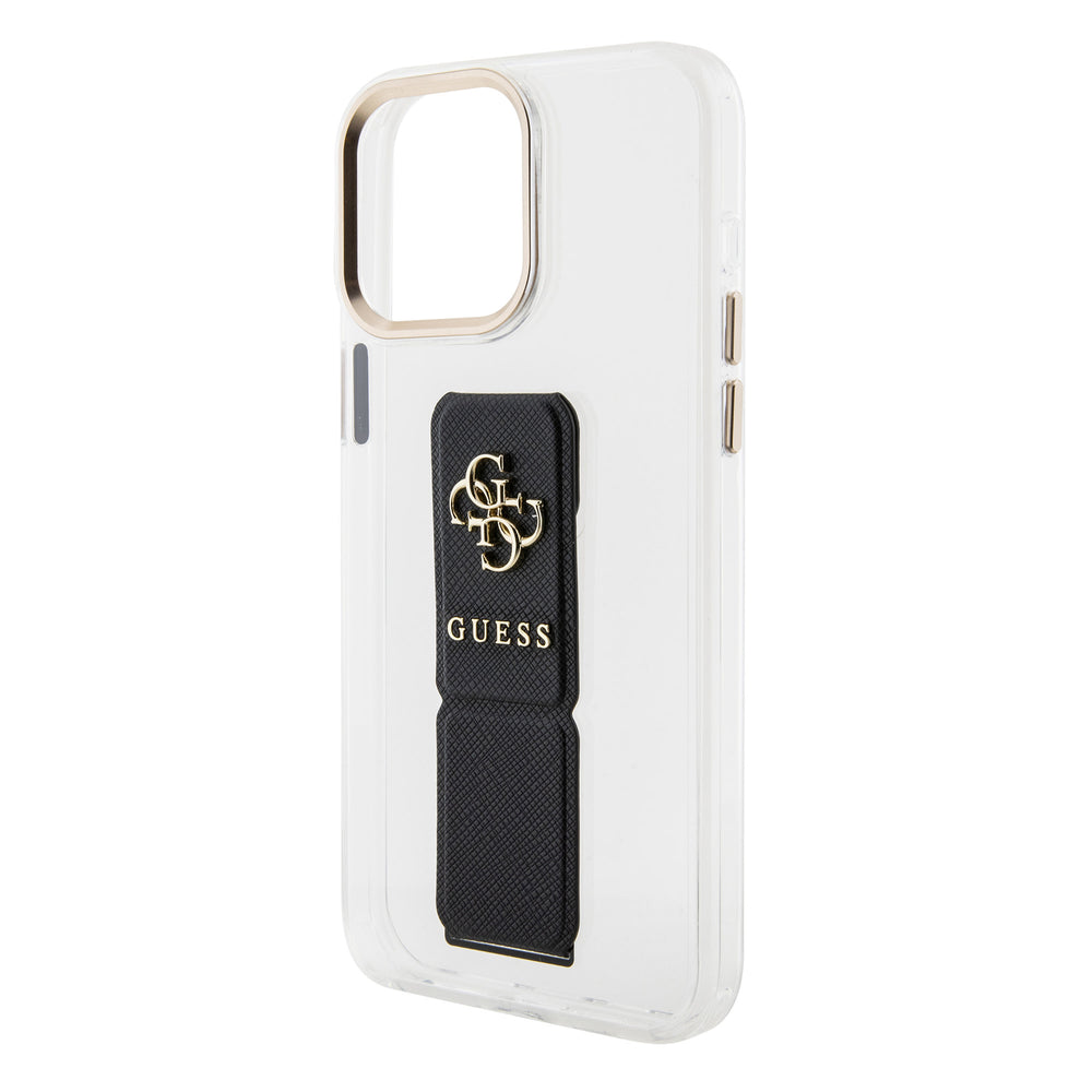 Guess iPhone 15 Pro Backcover hoesje - Saffiano Gripstand - Clear Case - 4G Metal Logo - Zwart-Hoesjes-Ilumina Benelux