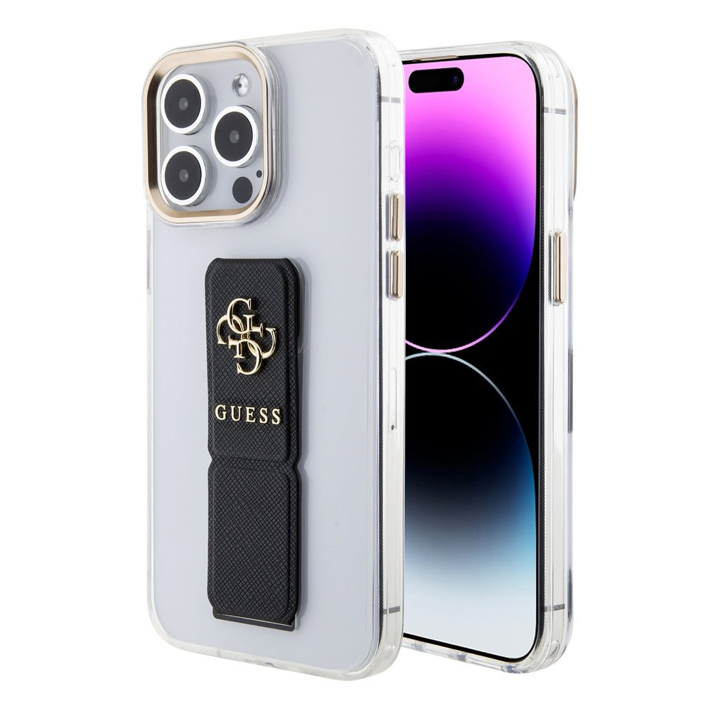 Guess iPhone 15 Pro Backcover hoesje - Saffiano Gripstand - Clear Case - 4G Metal Logo - Zwart-Hoesjes-Ilumina Benelux