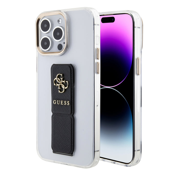 Guess iPhone 15 Pro Backcover hoesje - Saffiano Gripstand - Clear Case - 4G Metal Logo - Zwart-Hoesjes-Ilumina Benelux