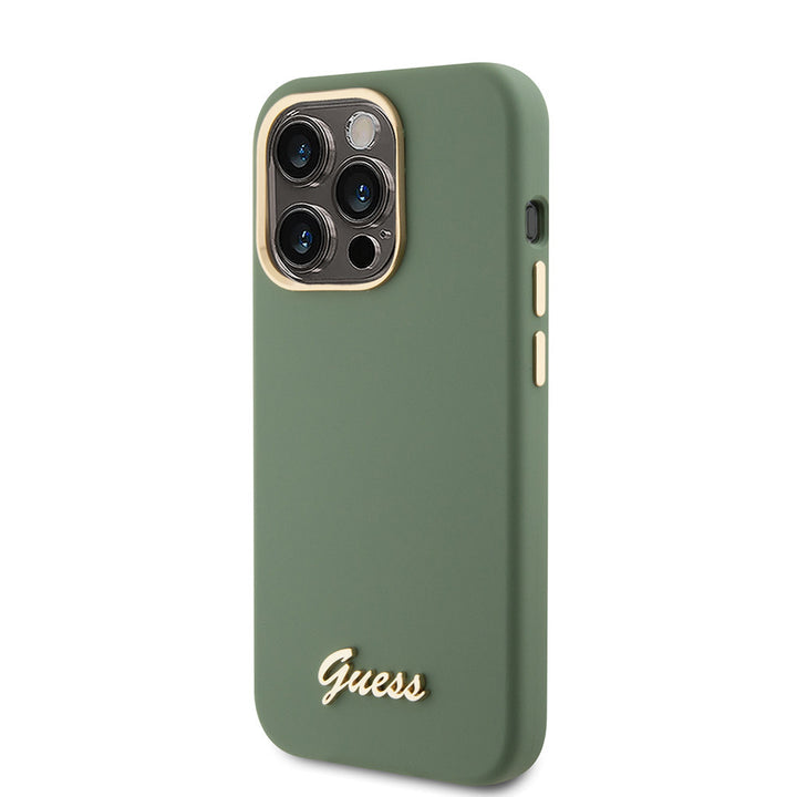 Guess iPhone 15 Pro Backcover hoesje Script metal logo - Kaki-Hoesjes-Ilumina Benelux