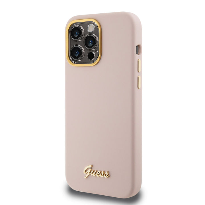 Guess iPhone 15 Pro Backcover hoesje Script metal logo - Roze-Hoesjes-Ilumina Benelux