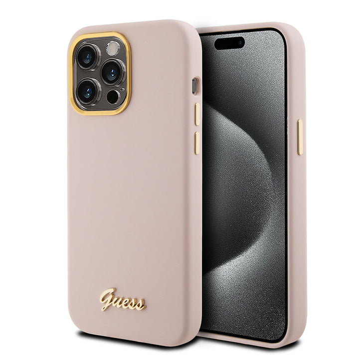Guess iPhone 15 Pro Backcover hoesje Script metal logo - Roze-Hoesjes-Ilumina Benelux