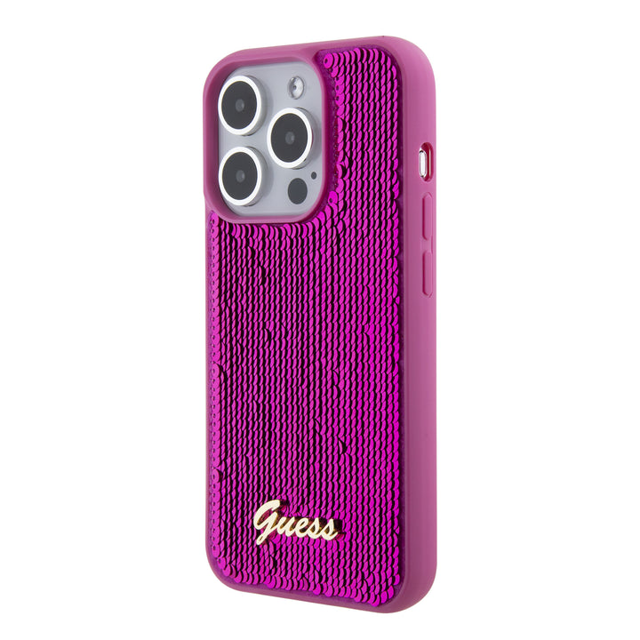 Guess iPhone 15 Pro Backcover hoesje - Sequin Script - Metal Logo - Fuchsia-Hoesjes-Ilumina Benelux