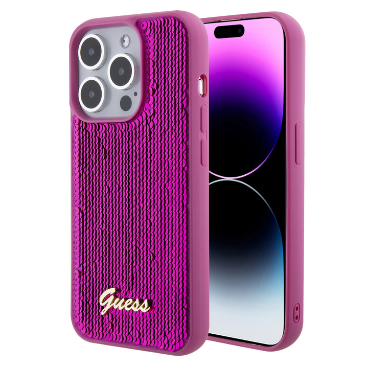 Guess iPhone 15 Pro Backcover hoesje - Sequin Script - Metal Logo - Fuchsia-Hoesjes-Ilumina Benelux