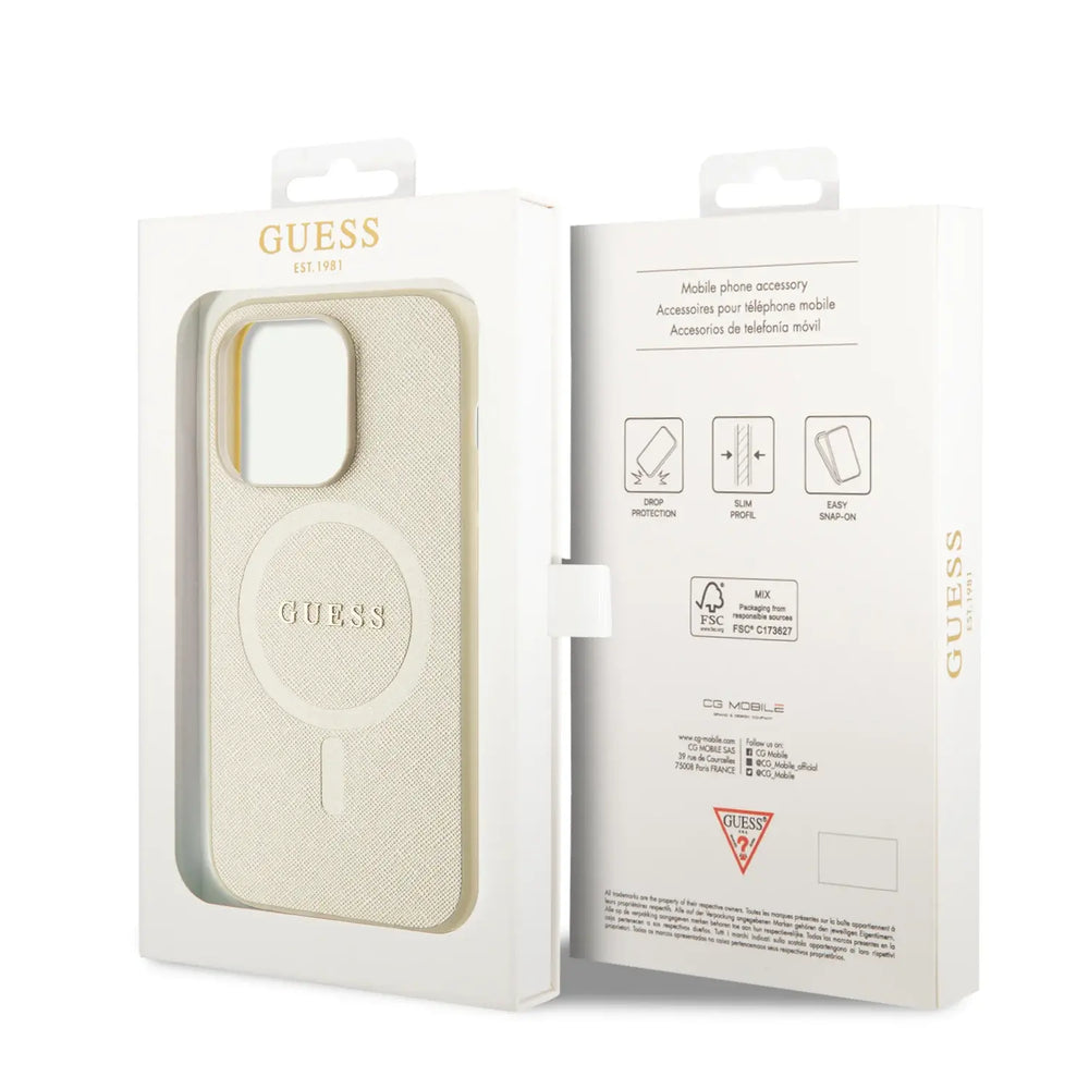 Guess iPhone 15 Pro Hardcase Backcover Saffiano - Beige-Hoesjes-Ilumina Benelux