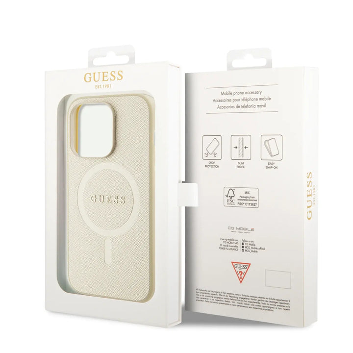 Guess iPhone 15 Pro Hardcase Backcover Saffiano - Beige-Hoesjes-Ilumina Benelux