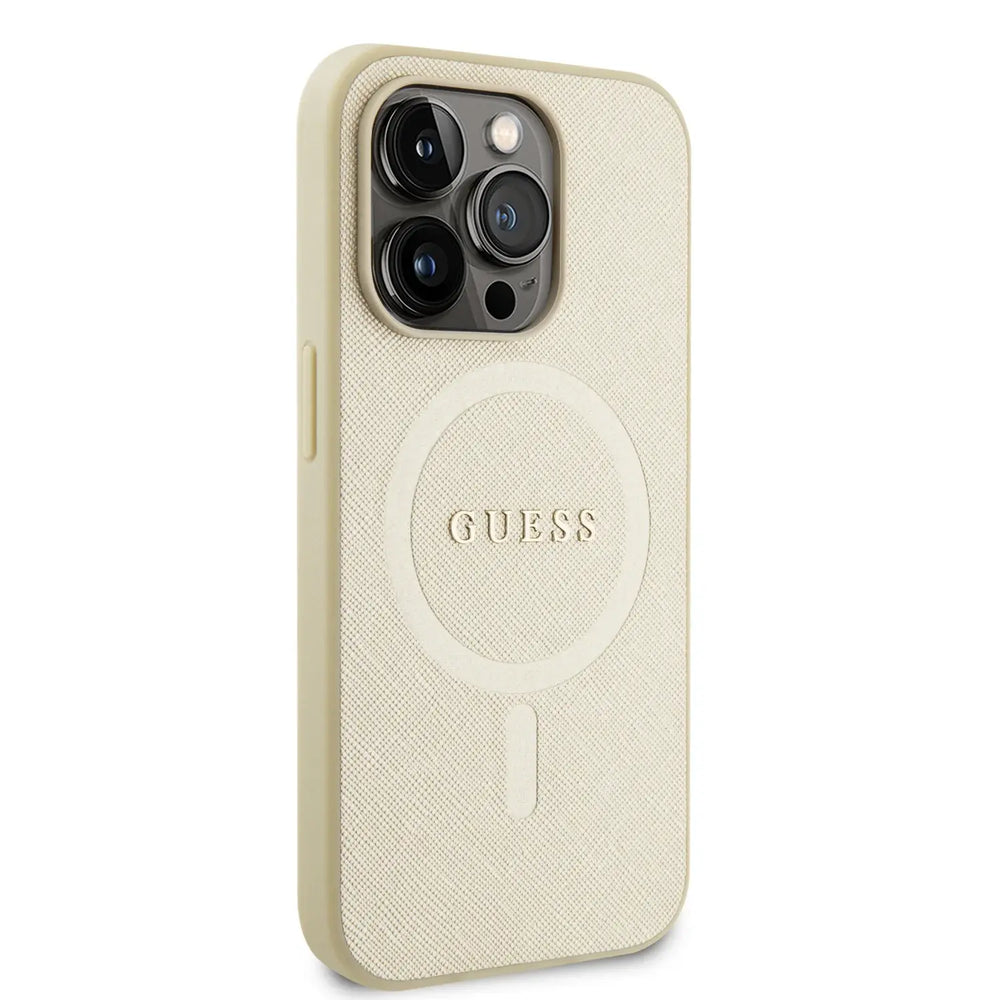 Guess iPhone 15 Pro Hardcase Backcover Saffiano - Beige-Hoesjes-Ilumina Benelux