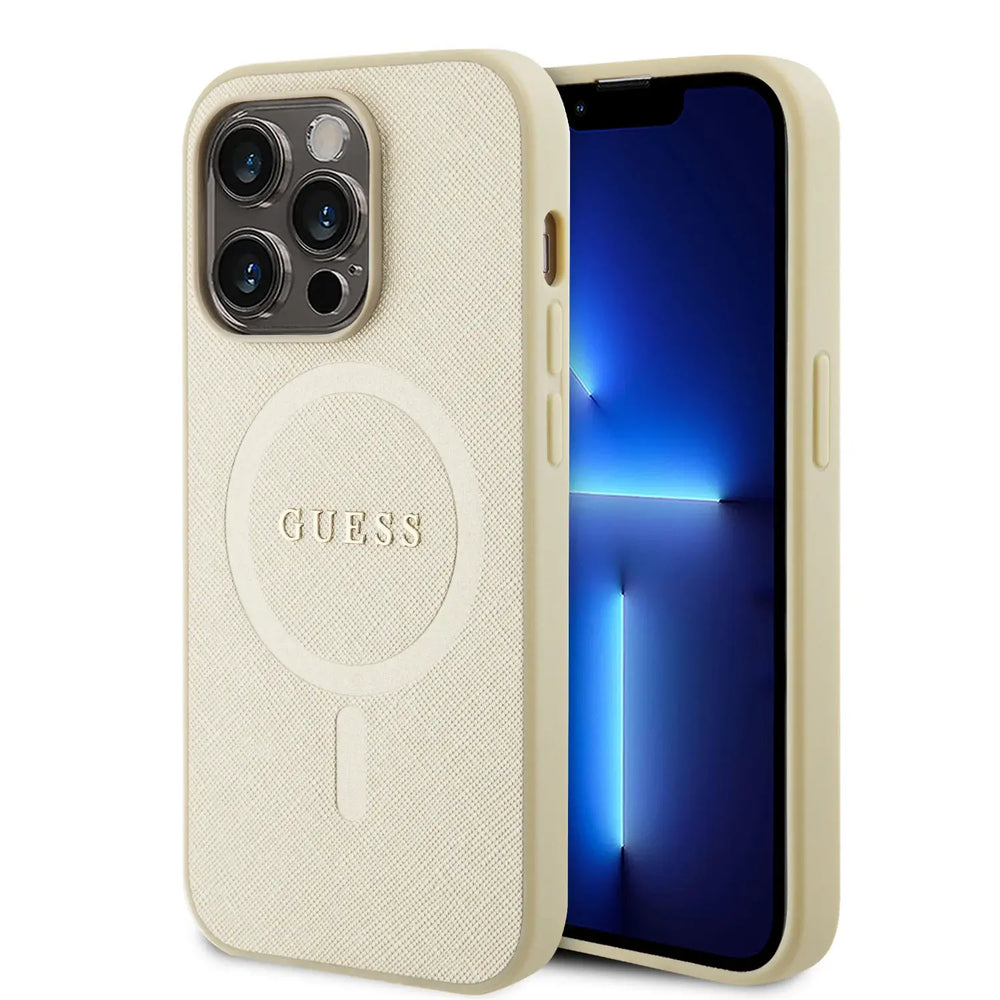 Guess iPhone 15 Pro Hardcase Backcover Saffiano - Beige-Hoesjes-Ilumina Benelux