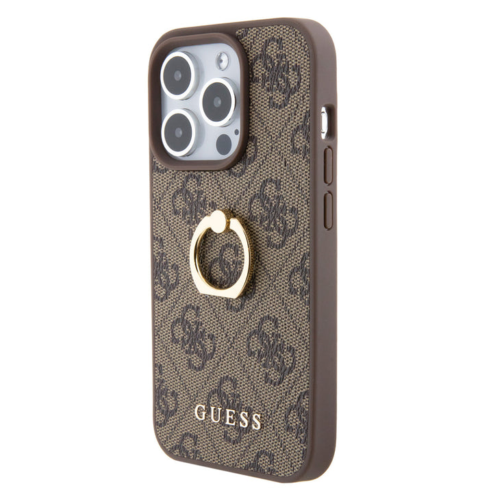 Guess iPhone 15 Pro Hardcase hoesje - 4G - Met Ringhouder - Bruin-Hoesjes-Ilumina Benelux