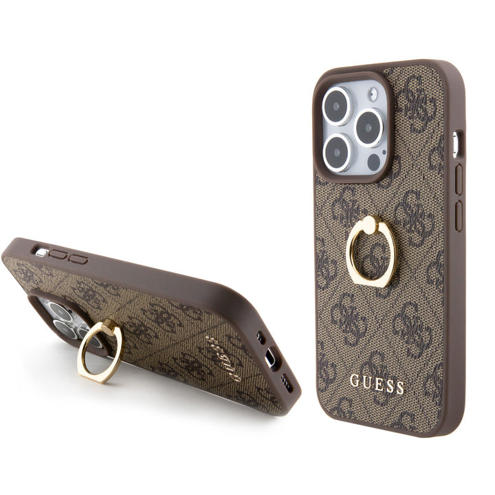 Guess iPhone 15 Pro Hardcase hoesje - 4G - Met Ringhouder - Bruin-Hoesjes-Ilumina Benelux