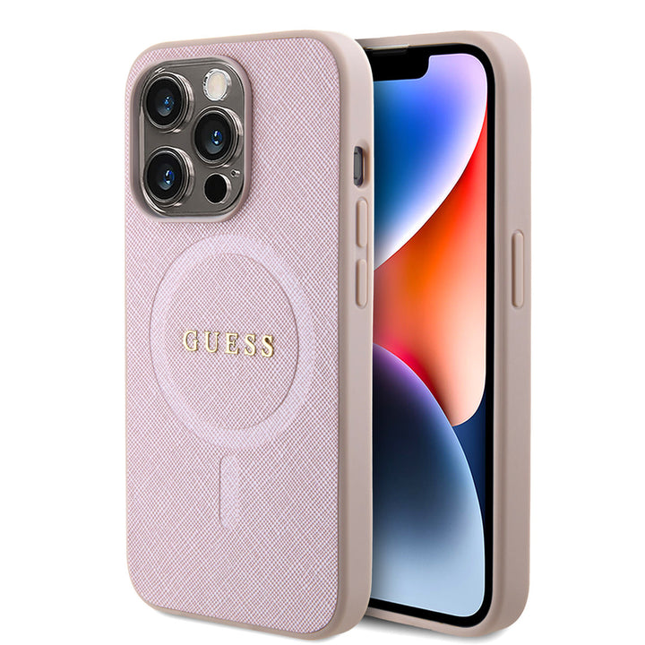 Guess iPhone 15 Pro Hardcase hoesje - Magsafe Compatible - Saffiano - Roze-Hoesjes-Ilumina Benelux