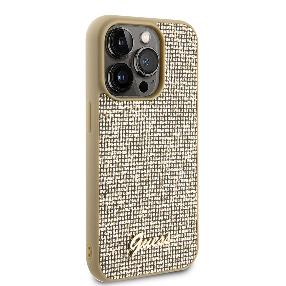 Guess iPhone 15 Pro Hardcase hoesje - Metal Script - Disco Goud-Hoesjes-Ilumina Benelux