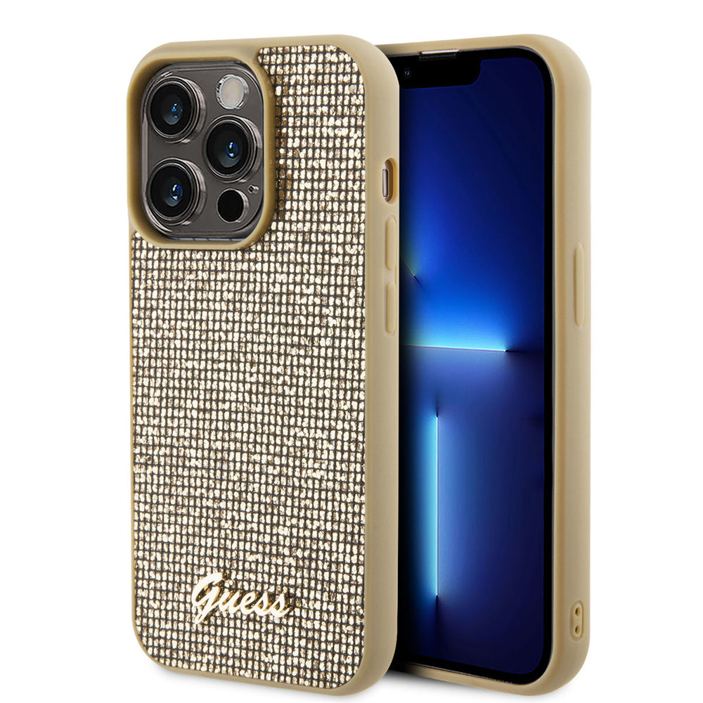 Guess iPhone 15 Pro Hardcase hoesje - Metal Script - Disco Goud-Hoesjes-Ilumina Benelux