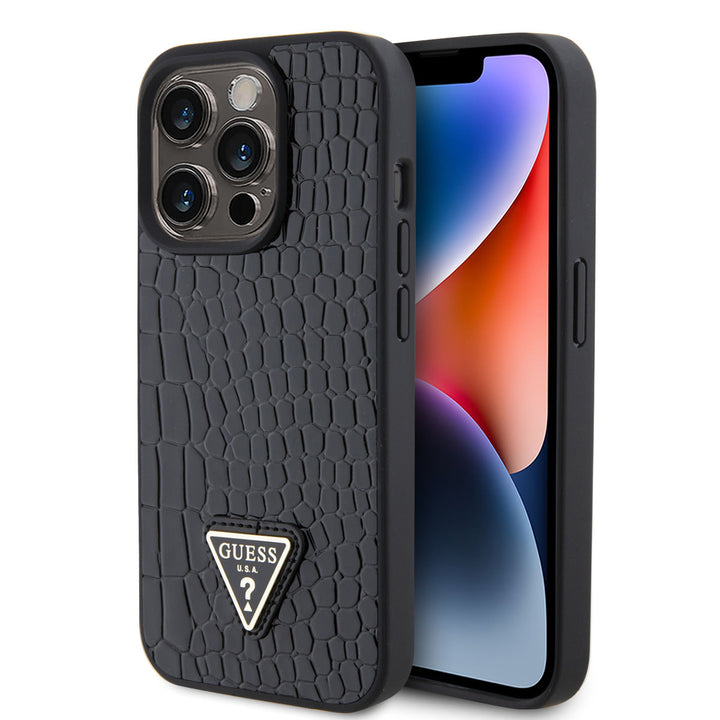 Guess iPhone 15 Pro Hardcase hoesje - Triangle Logo - Croco - Zwart-Hoesjes-Ilumina Benelux