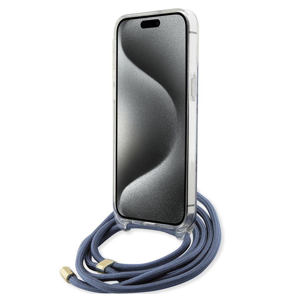Guess iPhone 15 Pro Max Backcover hoesje Crossbody cord - 4G print - Blauw-Hoesjes-Ilumina Benelux