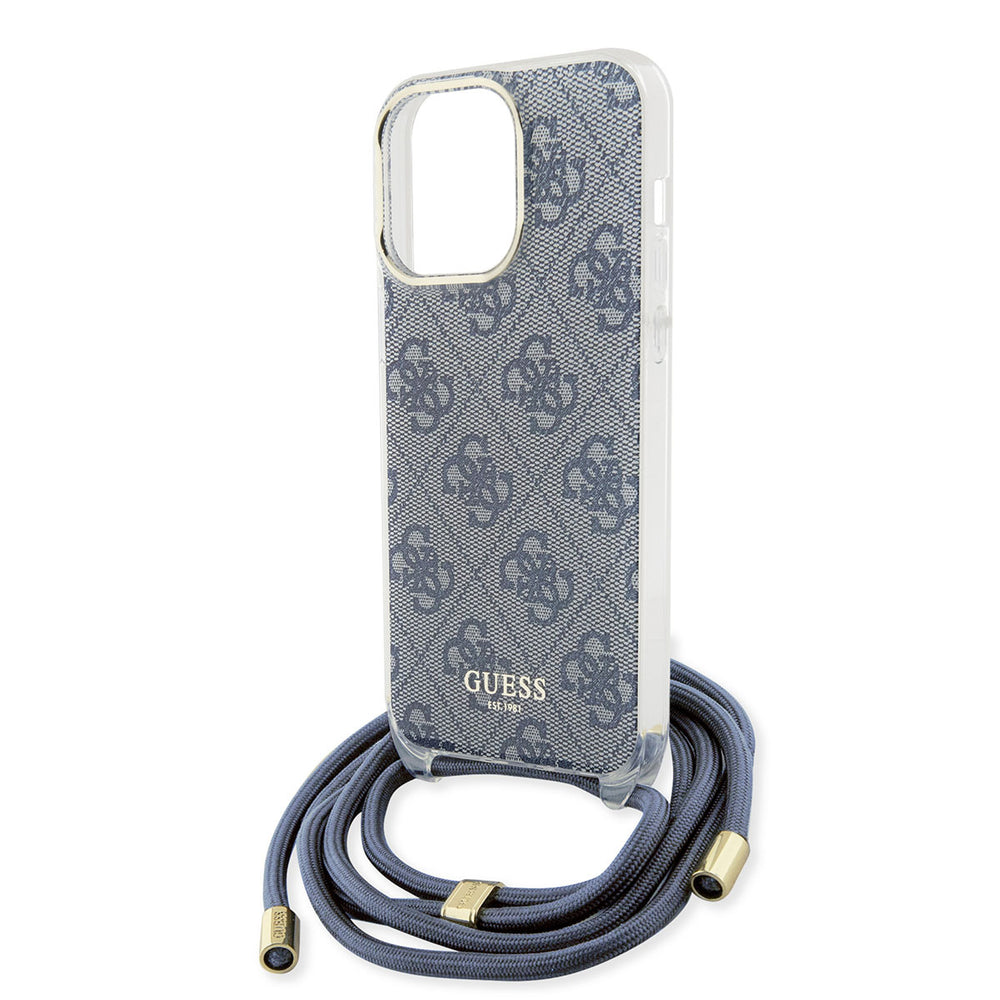 Guess iPhone 15 Pro Max Backcover hoesje Crossbody cord - 4G print - Blauw-Hoesjes-Ilumina Benelux