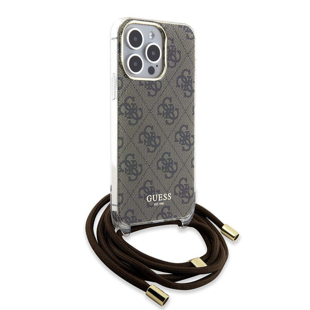 Guess iPhone 15 Pro Max Backcover hoesje Crossbody cord - 4G print - Bruin-Hoesjes-Ilumina Benelux
