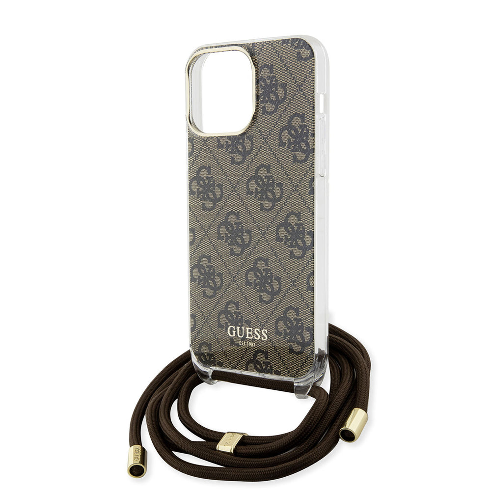 Guess iPhone 15 Pro Max Backcover hoesje Crossbody cord - 4G print - Bruin-Hoesjes-Ilumina Benelux