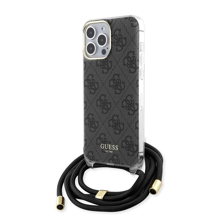 Guess iPhone 15 Pro Max Backcover hoesje Crossbody cord - 4G print - Zwart-Hoesjes-Ilumina Benelux
